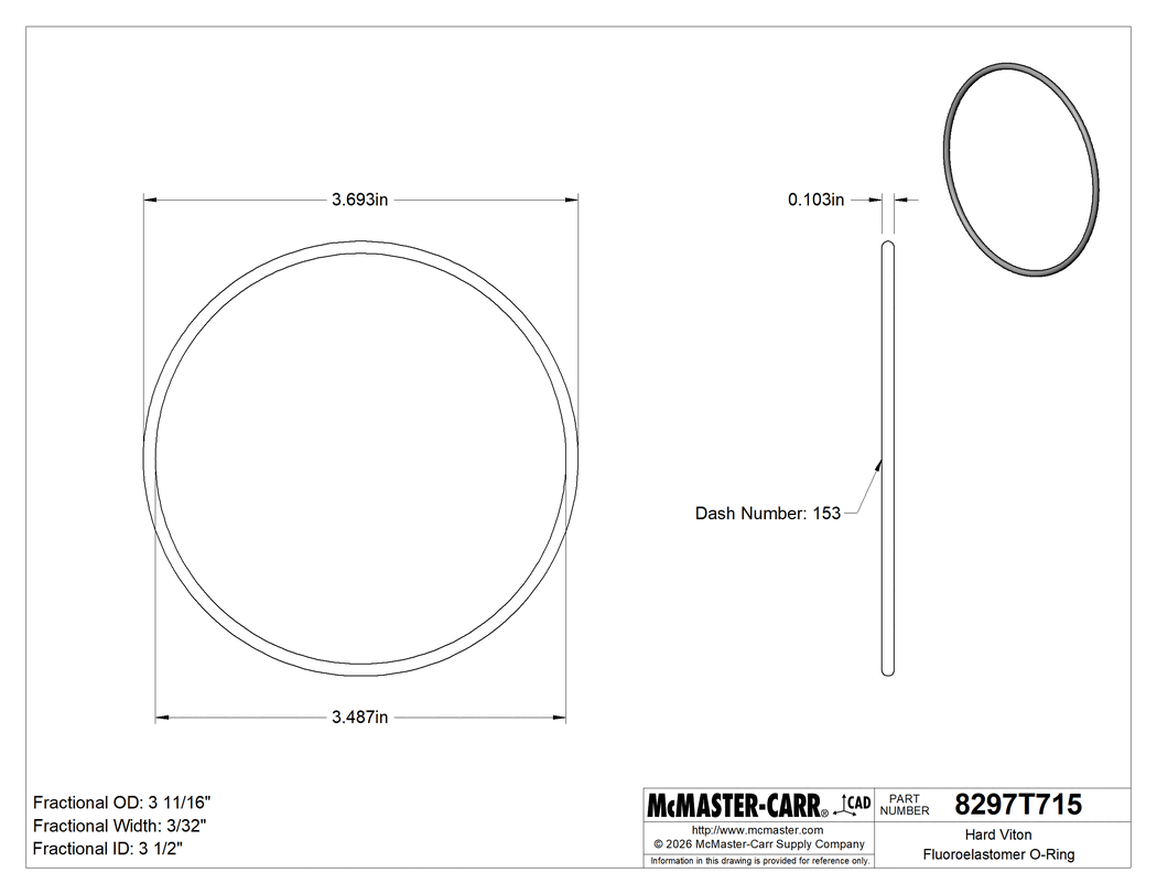 Technical Drawing of Hard Viton® Fluoroelastomer O-Ring, Chemical-Resistant, 3/32 Fractional Width, Dash Number 153.